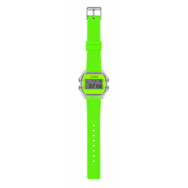 IAM Large transp. case with neon green face with green neon silicone strap