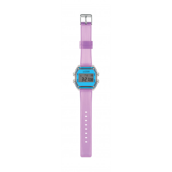 IAM Medium transp. case with neon light blue face with transp. lilac silicone strap